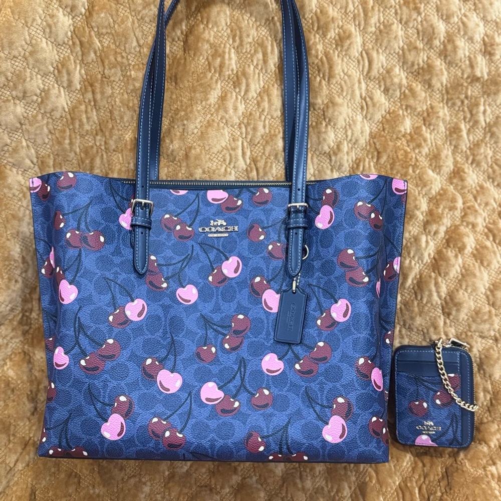 Coach Blue and Pink Heart Print Tote Bag